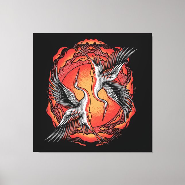 Japanese Flying Battle Cranes Asian Art  Canvas Print (Front)