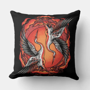 Japanese Flying Battle Cranes Asian Art Cushion