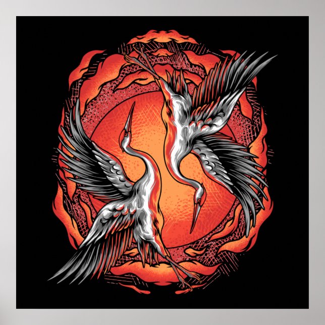 Japanese Flying Battle Cranes Asian Art  Poster (Front)