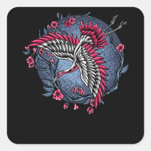 Japanese Flying Cranes Unique and Colourful Design Square Sticker