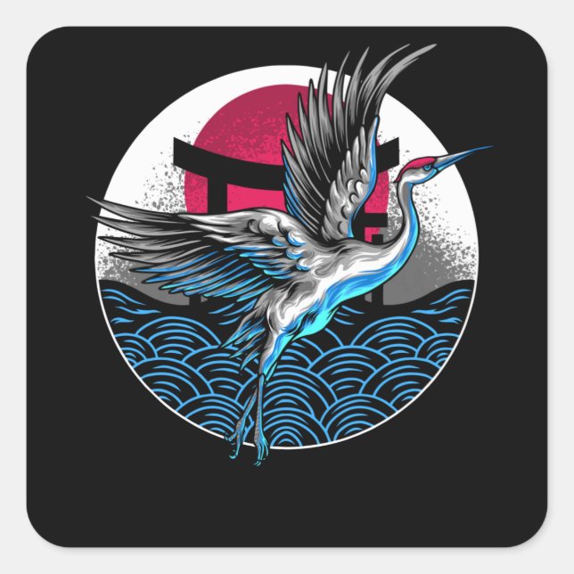 Japanese Flying Cranes with Japanese wavers Design Square Sticker (Front)