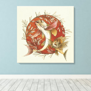 Japanese Flying Fish and Bamboo Leaves Vintage Art Canvas Print