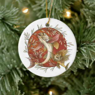 Japanese Flying Fish and Bamboo Leaves Vintage Art Ceramic Tree Decoration