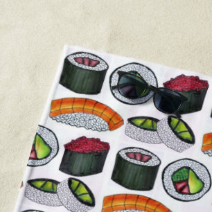 Japanese Food Sushi Maki Rolls Salmon Nigri Tuna Beach Towel