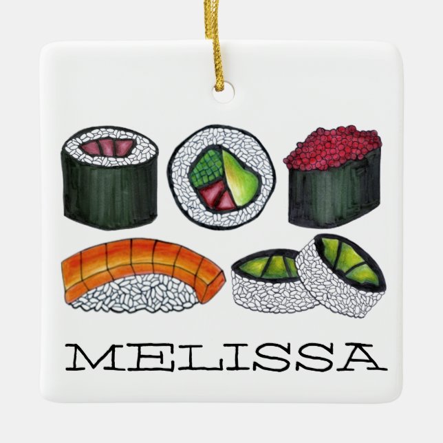 Japanese Food Sushi Rolls Salmon Nigiri Spicy Tuna Ceramic Ornament (Front)