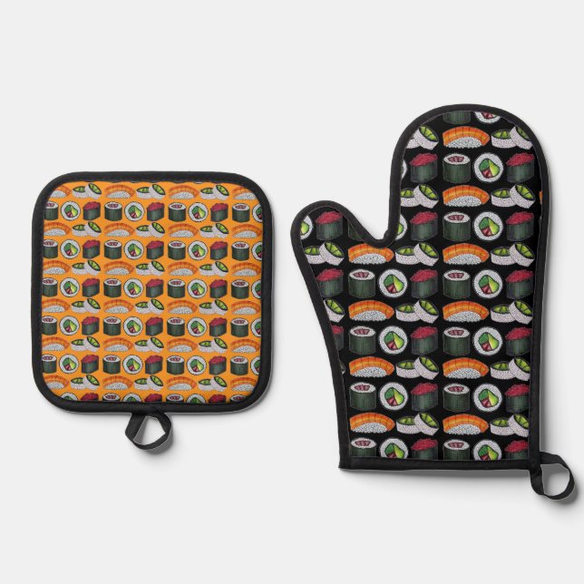 Japanese Food Sushi Tuna Roll Salmon Nigiri Foodie Oven Mitt & Pot Holder Set (Front)