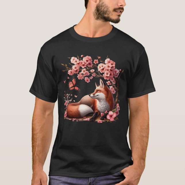 Japanese Fox Butterfly Cherry Blossom Flower Trees T-Shirt (Front)
