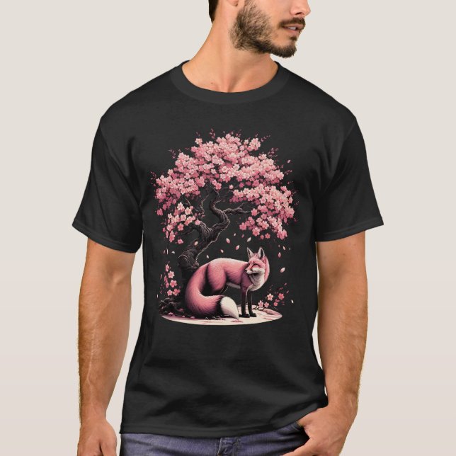 Japanese Fox Cherry Blossom Flower Trees T-Shirt (Front)