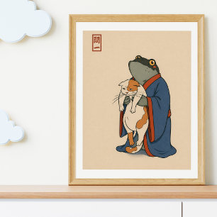 Japanese Frog Cat Illustration   Ukiyoe Style Anim Poster