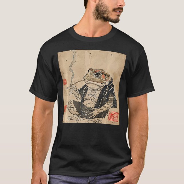 Japanese Frog Smoking In Ukiyo-e Woodblock Style T-Shirt (Front)