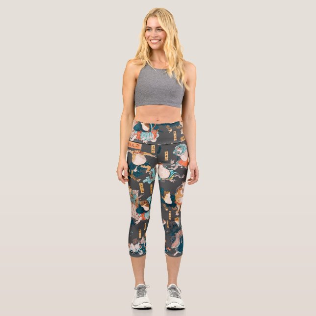 Japanese Frog ukiyo-e Froggies Capri Leggings (Front)