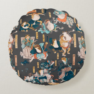 Japanese Frog Woodblock Print Kuniyoshi Ukiyo-e Round Cushion