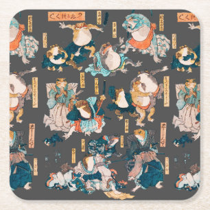 Japanese Frog Woodblock Print Kuniyoshi Ukiyo-e Square Paper Coaster