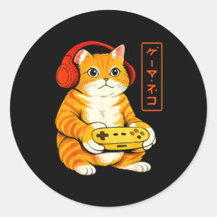 Japanese Gamer Cat Funny Vintage Gaming Gifts Men Classic Round Sticker