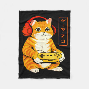 Japanese Gamer Cat Funny Vintage Gaming Gifts Men  Fleece Blanket
