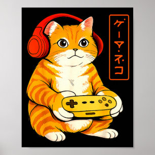 Japanese Gamer Cat Funny Vintage Gaming Gifts Men Poster