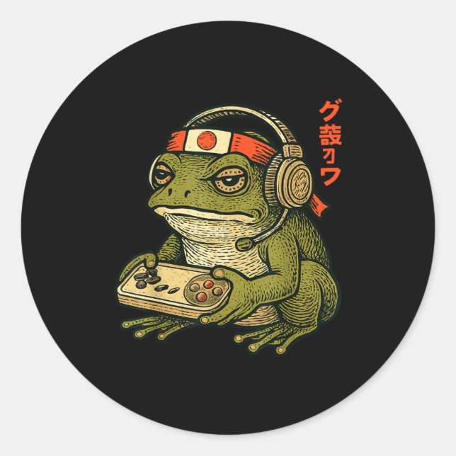 Japanese Gamer Frog Art Men Women Boys Funny Vinta Classic Round Sticker (Front)