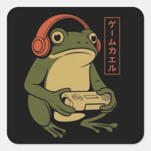 Japanese Gamer Frog Funny Vintage Gaming Square Sticker