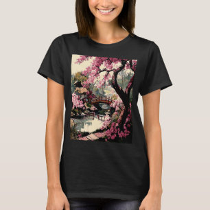 Japanese garden Cherry Blossom bridge painting sty T-Shirt