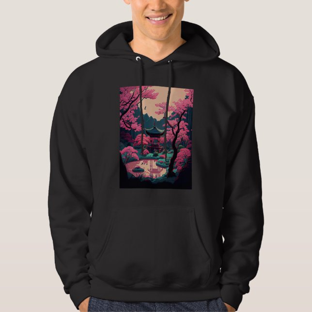Japanese garden Cherry Blossom bridge shrine pink  Hoodie (Front)