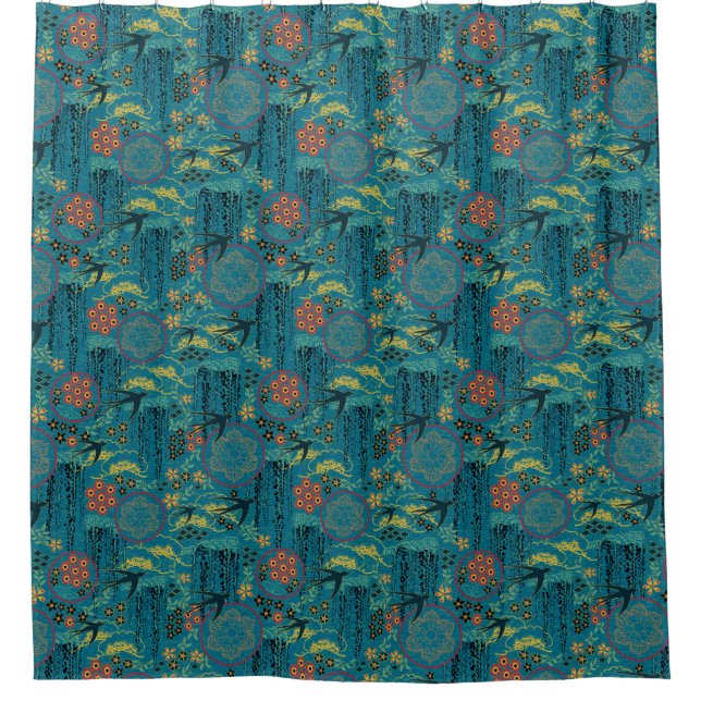 Japanese Garden in Teal Shower Curtain (Front)