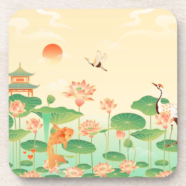 Japanese Garden Koi Pond and Waterlilies Art Coaster (Front)