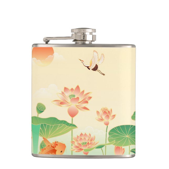 Japanese Garden Koi Pond and Waterlilies Art Hip Flask (Front)