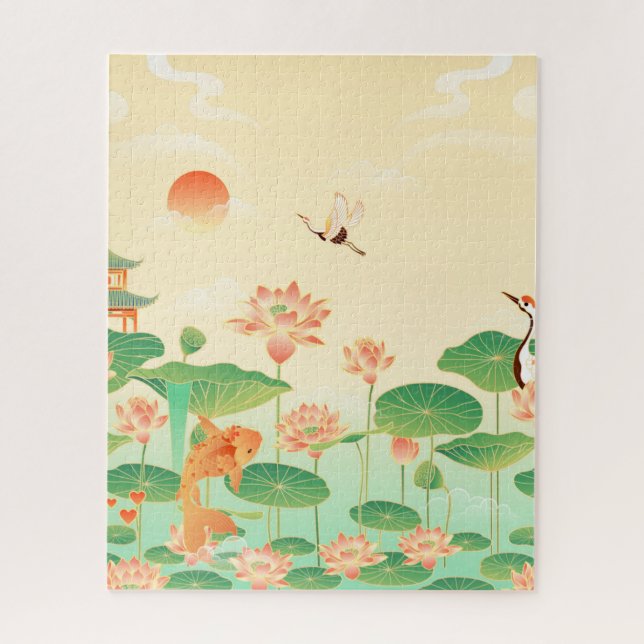 Japanese Garden Koi Pond and Waterlilies Art Jigsaw Puzzle (Vertical)