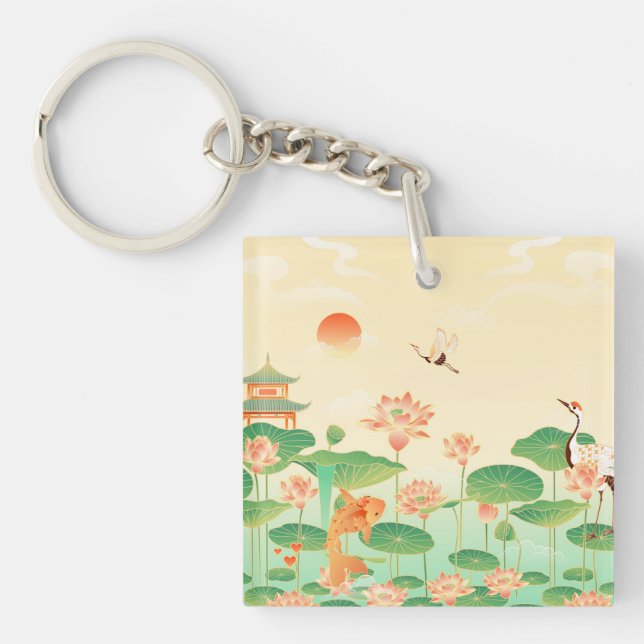 Japanese Garden Koi Pond and Waterlilies Art Key Ring (Front)