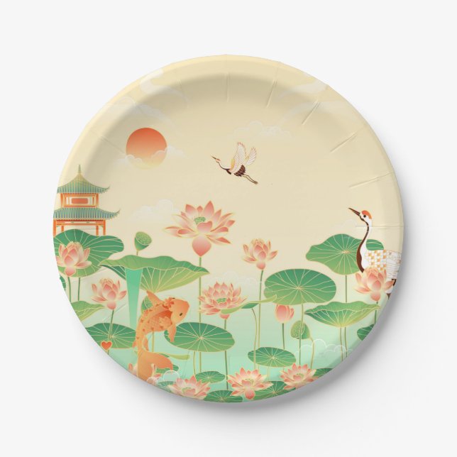 Japanese Garden Koi Pond and Waterlilies Art Paper Plate (Front)