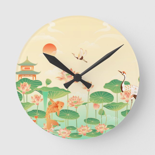 Japanese Garden Koi Pond and Waterlilies Art Round Clock (Front)