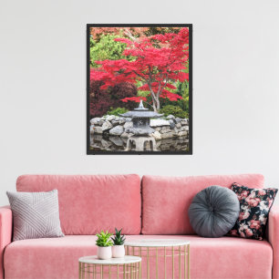 Japanese Garden Lantern and Red Maple Leaves Canvas Print