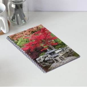 Japanese Garden Lantern and Red Maple Leaves Notebook