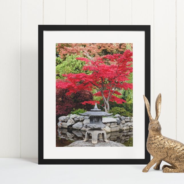 Japanese Garden Lantern and Red Maple Leaves Poster (In Situ Framed)