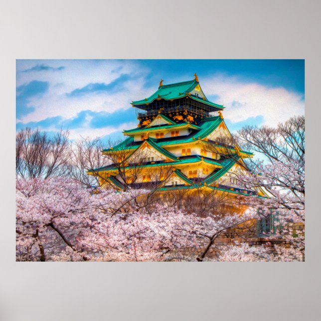Japanese Garden Pagoda And Sakura In Osaka, Japan Poster (Front)