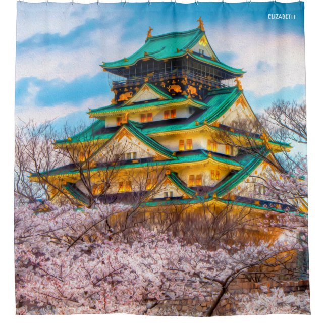 Japanese Garden Pagoda And Sakura In Osaka, Japan Shower Curtain (Front)