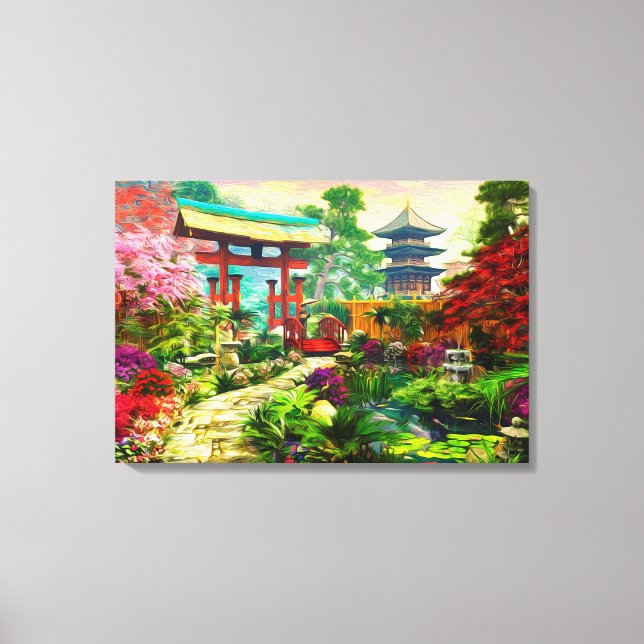 Japanese Garden Pagoda Sakura And Waterfall Canvas Print (Front)