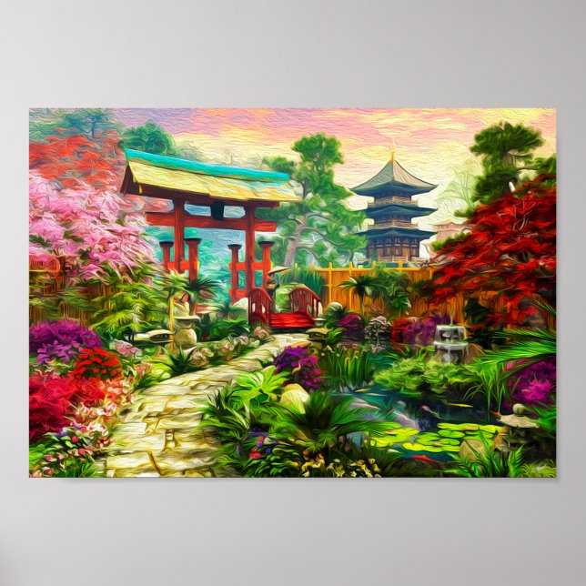 Japanese Garden Pagoda Sakura And Waterfall Poster (Front)