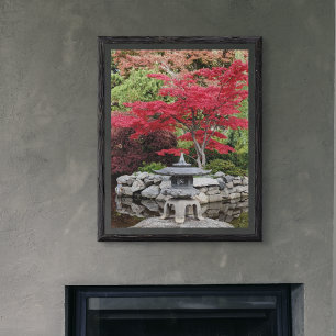 Japanese Garden Pond Lantern and Red Leaves Glossy Poster