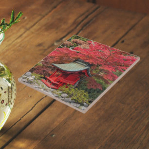 Japanese Garden Shrine and Autumn Leaves Tile