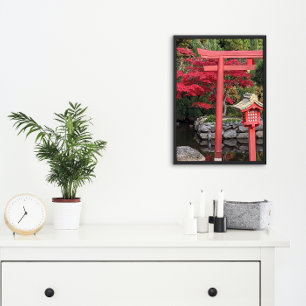 Japanese Garden Structures and Red Maple Leaves Photo Print