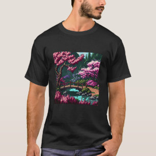 Japanese Garden with Bridge Cherry Blossom 16bit V T-Shirt