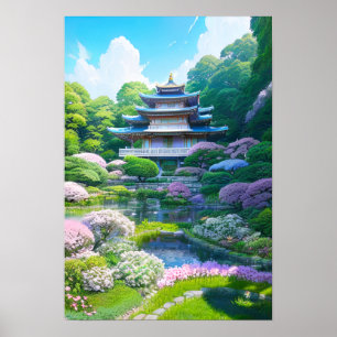 Japanese Garden with Temple Poster