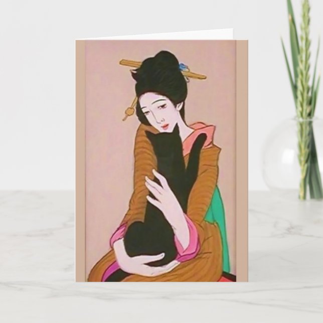 Japanese Geisha and Black Cat Greeting Card (Front)