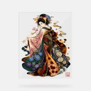 Japanese Geisha Art Kimono and Seasonal Flowers Acrylic Sign