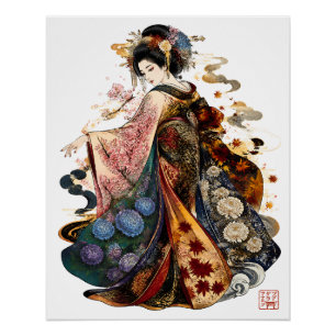 Japanese Geisha Art   Kimono and Seasonal Flowers Poster