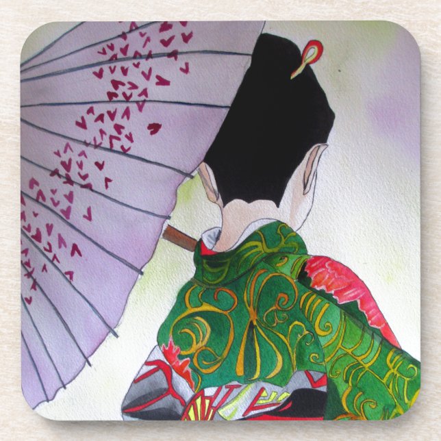 Japanese Geisha art with kimono and umbrella Coaster (Front)