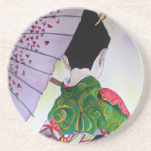 Japanese Geisha art with kimono and umbrella Coaster