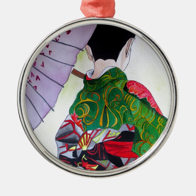 Japanese Geisha art with kimono and umbrella Metal Tree Decoration (Front)