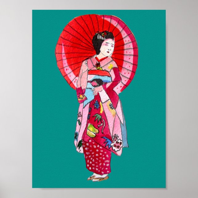 Japanese Geisha art with umbrella Poster (Front)